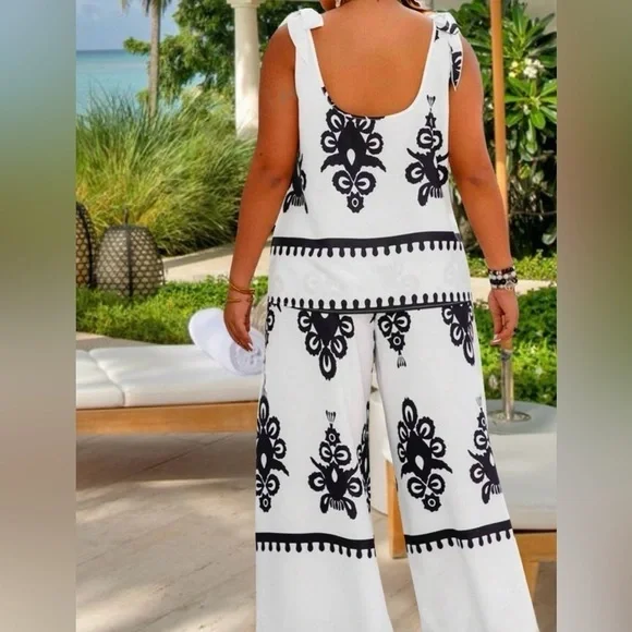 Elegant Curvy Bohemian Knot Shoulder Top Wide Leg Pants Two Piece Set - Picture 4 of 5